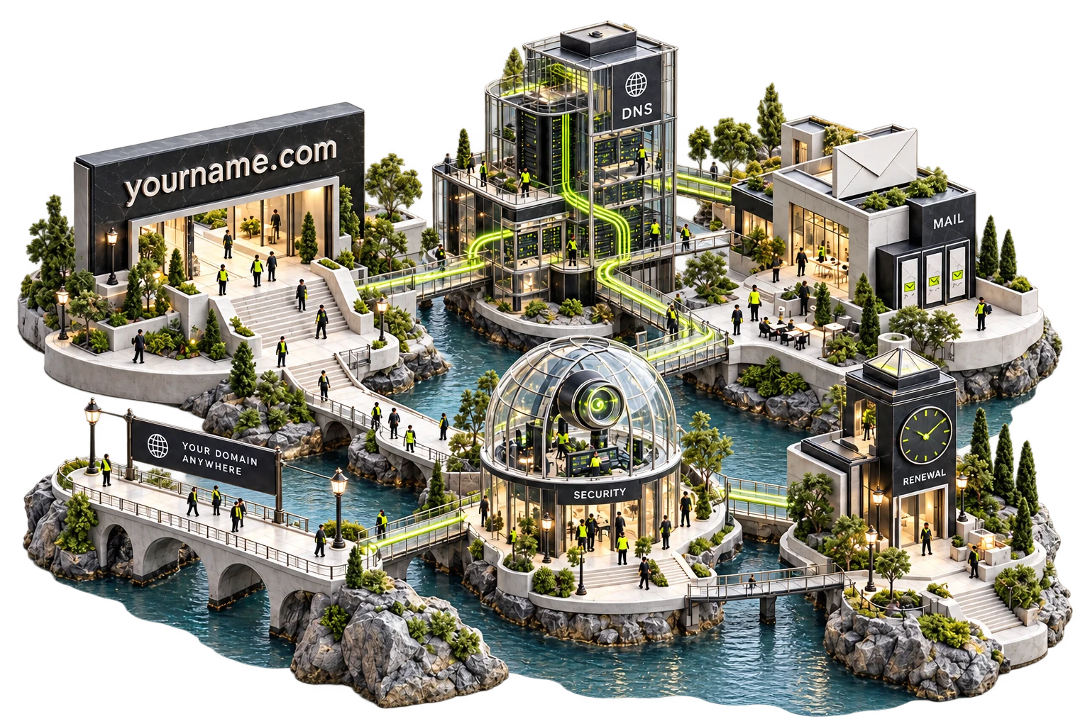 Uma cidade de domínios em miniatura, em perspectiva isométrica, com um portal de endereços, uma central DNS, um pavilhão de e-mail, uma ponte de transferência, um observatório e uma torre de renovação.